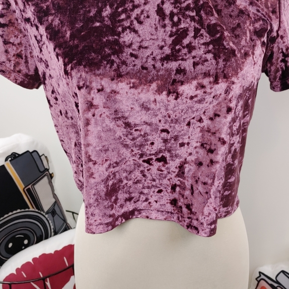 ARDENE | Purple Velvet Short Sleeve Crop Top - Picture 3 of 7